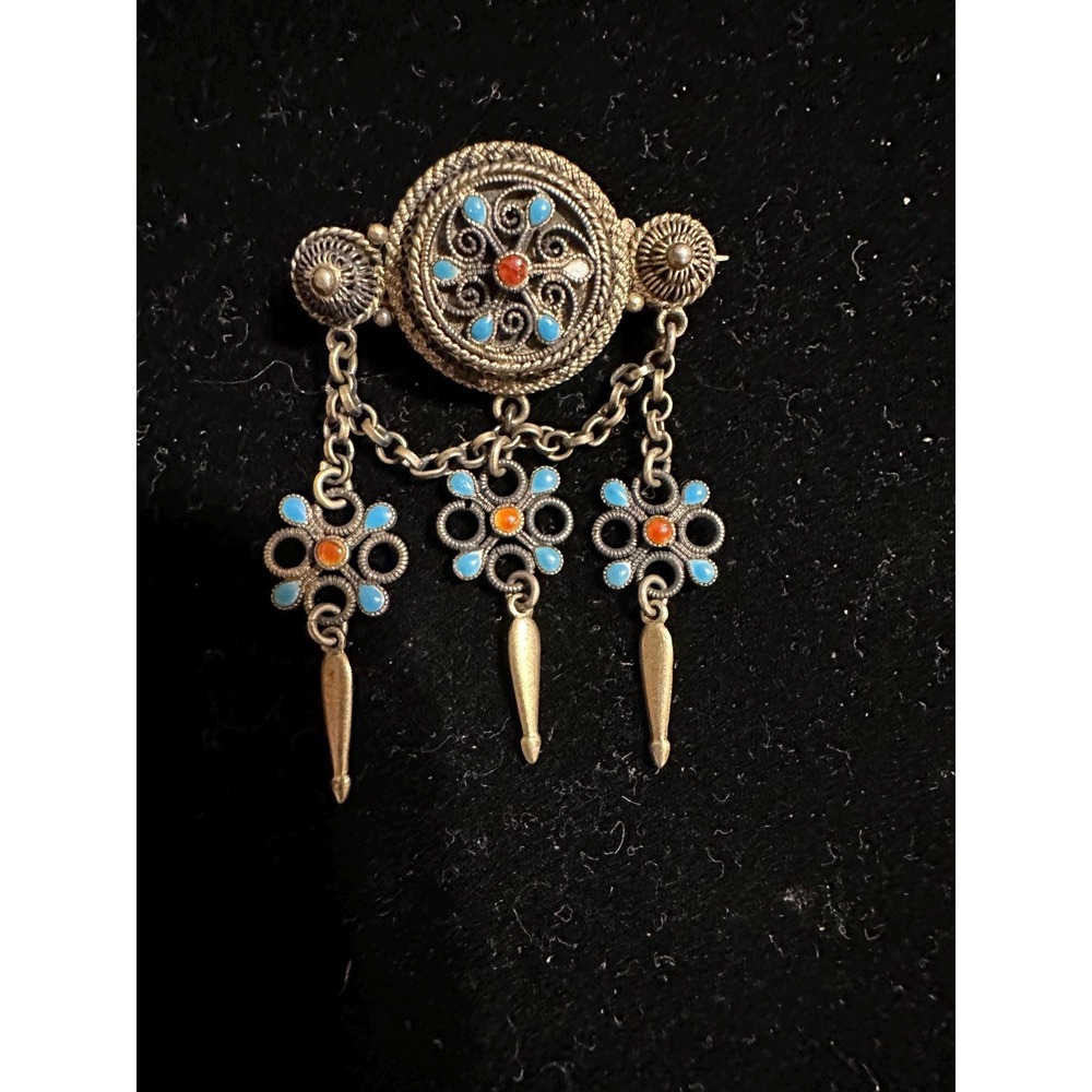 Antique Norwegian Gold Gilt Silver Solje Brooch Pin Blue & Carnelian Stones